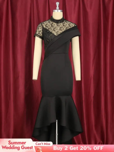Lace Patchwork Sheer Sleeves Black Mermaid Long Dress Black / S