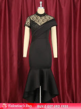 Lace Patchwork Sheer Sleeves Black Mermaid Long Dress Black / S