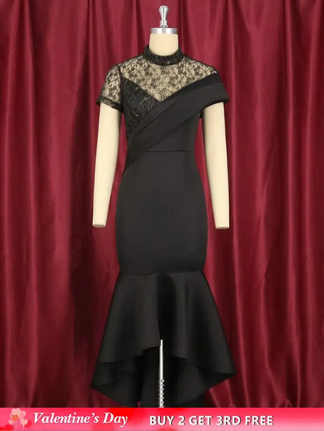 Lace Patchwork Sheer Sleeves Black Mermaid Long Dress Black / S