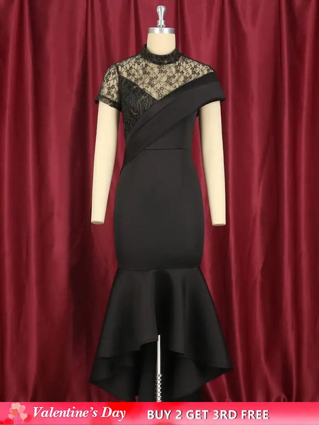 Lace Patchwork Sheer Sleeves Black Mermaid Long Dress Black / S