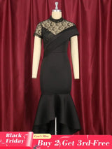 Lace Patchwork Sheer Sleeves Black Mermaid Long Dress Black / S