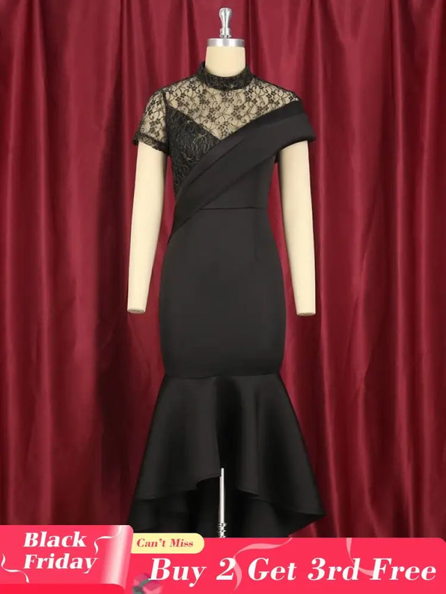 Lace Patchwork Sheer Sleeves Black Mermaid Long Dress Black / S