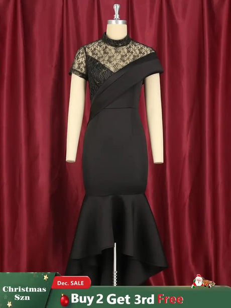 Lace Patchwork Sheer Sleeves Black Mermaid Long Dress Black / S