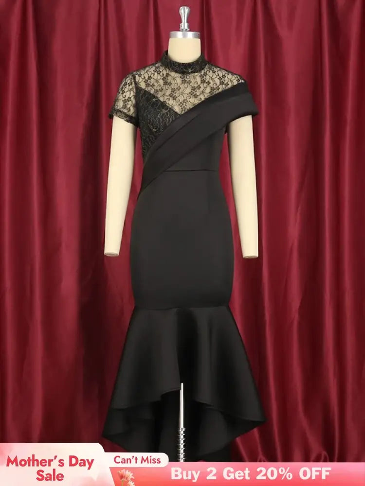 Lace Patchwork Sheer Sleeves Black Mermaid Long Dress Black / S