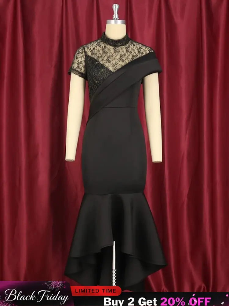 Lace Patchwork Sheer Sleeves Black Mermaid Long Dress Black / S