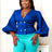 Lantern Sleeves Double Buttons V Neck Shiny Glitter Women’s Blouse Tops Blue / S