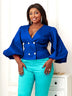 Lantern Sleeves Double Buttons V Neck Shiny Glitter Women’s Blouse Tops Blue / S