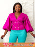 Lantern Sleeves Double Buttons V Neck Shiny Glitter Women’s Blouse Tops Rose / S