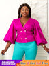 Lantern Sleeves Double Buttons V Neck Shiny Glitter Women’s Blouse Tops Rose / S