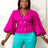 Lantern Sleeves Double Buttons V Neck Shiny Glitter Women’s Blouse Tops Rose / S