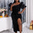 Off Shoulder Fluffy Sleeve High Slit Plus Size Sequin Evening Gown Black / S