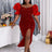 Off Shoulder Fluffy Sleeve High Slit Plus Size Sequin Evening Gown Red / S