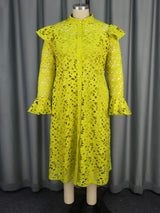 Elegant Mustard Green Lace Insert Turtleneck Cardigan and Slip Dress Set