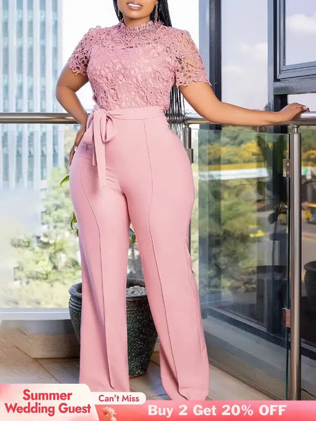 Pink Lace Jumpsuit Women Patchwork High Waist Wide Leg Waist Belt Modest