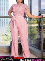 Pink Lace Jumpsuit Women Patchwork High Waist Wide Leg Waist Belt Modest