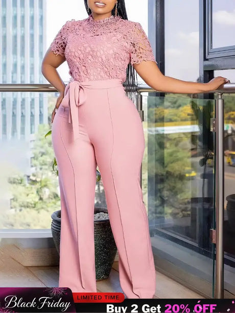 Pink Lace Jumpsuit Women Patchwork High Waist Wide Leg Waist Belt Modest