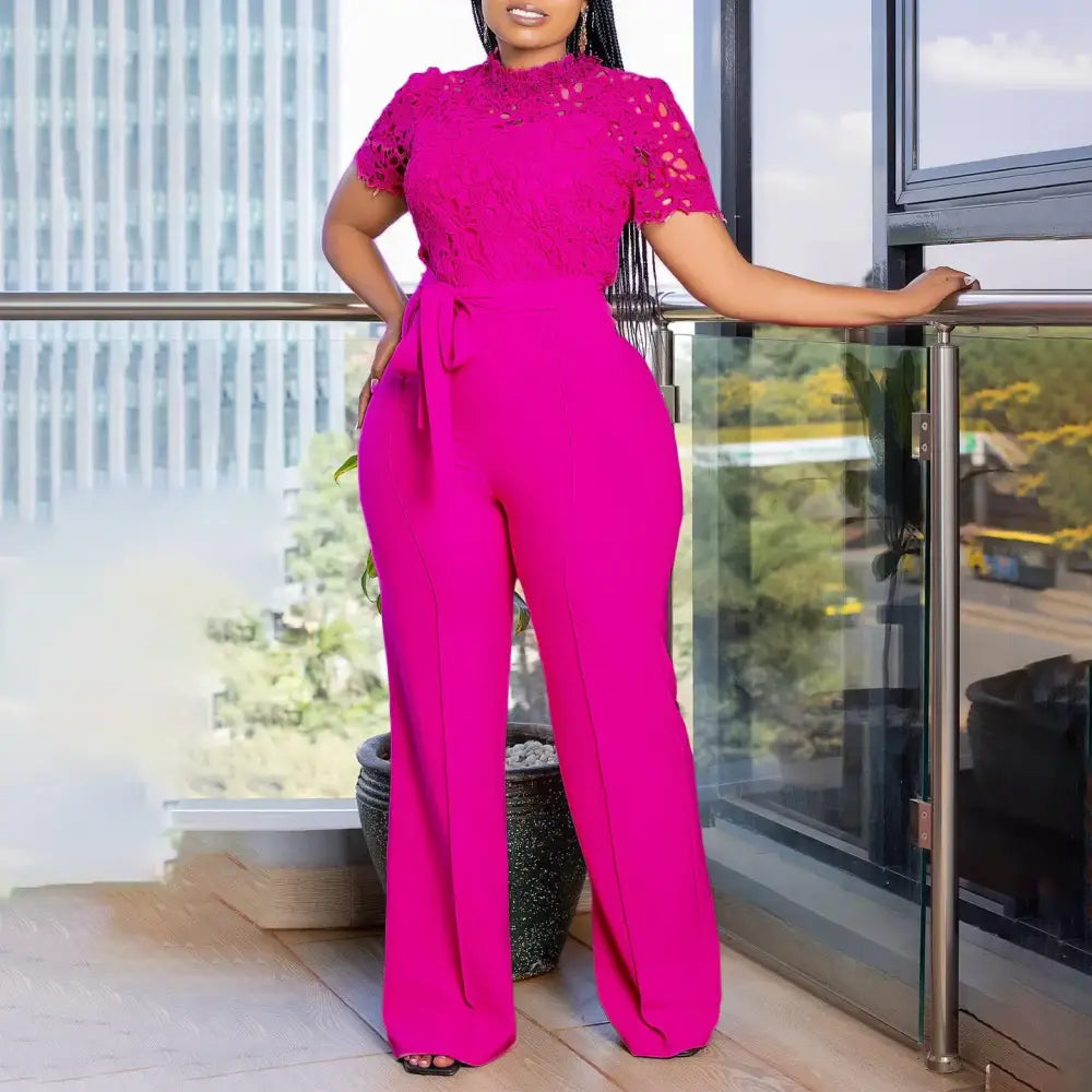 Pink Lace Jumpsuit Women Patchwork High Waist Wide Leg Waist Belt Modest