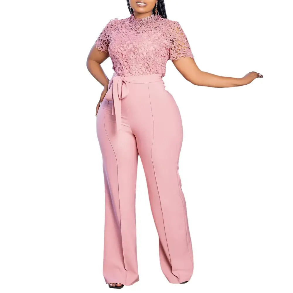 Pink Lace Jumpsuit Women Patchwork High Waist Wide Leg Waist Belt Modest