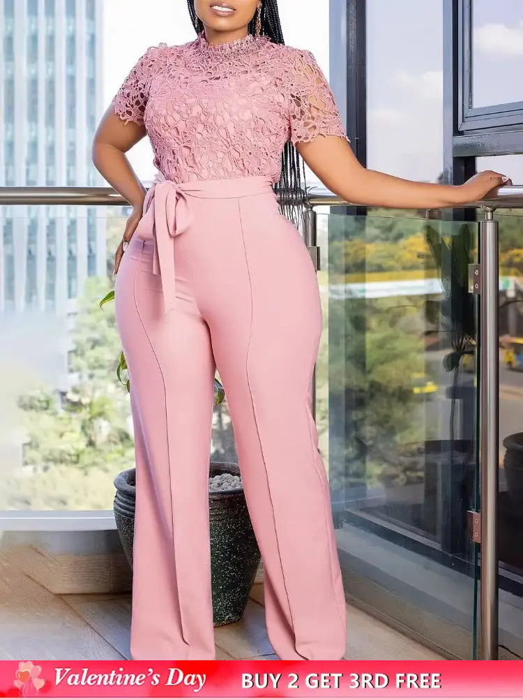Pink Lace Jumpsuit Women Patchwork High Waist Wide Leg Waist Belt Modest