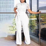 Pink Lace Jumpsuit Women Patchwork High Waist Wide Leg Waist Belt Modest