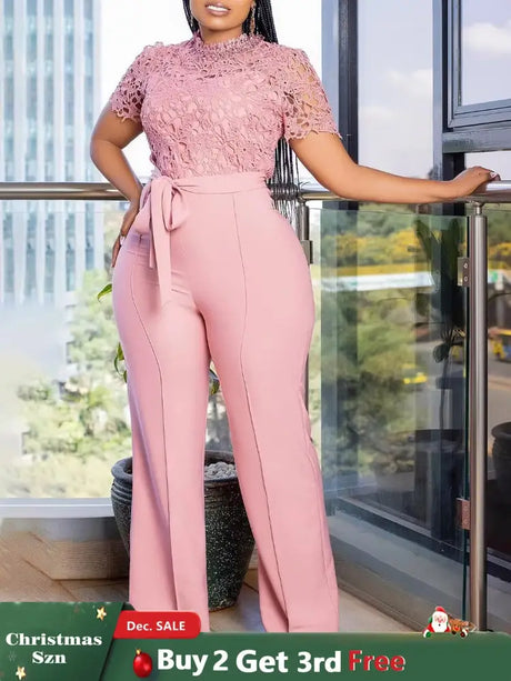 Pink Lace Jumpsuit Women Patchwork High Waist Wide Leg Waist Belt Modest
