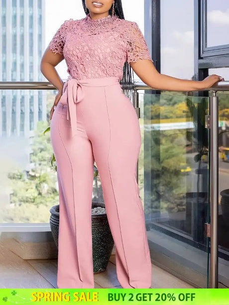 Pink Lace Jumpsuit Women Patchwork High Waist Wide Leg Waist Belt Modest