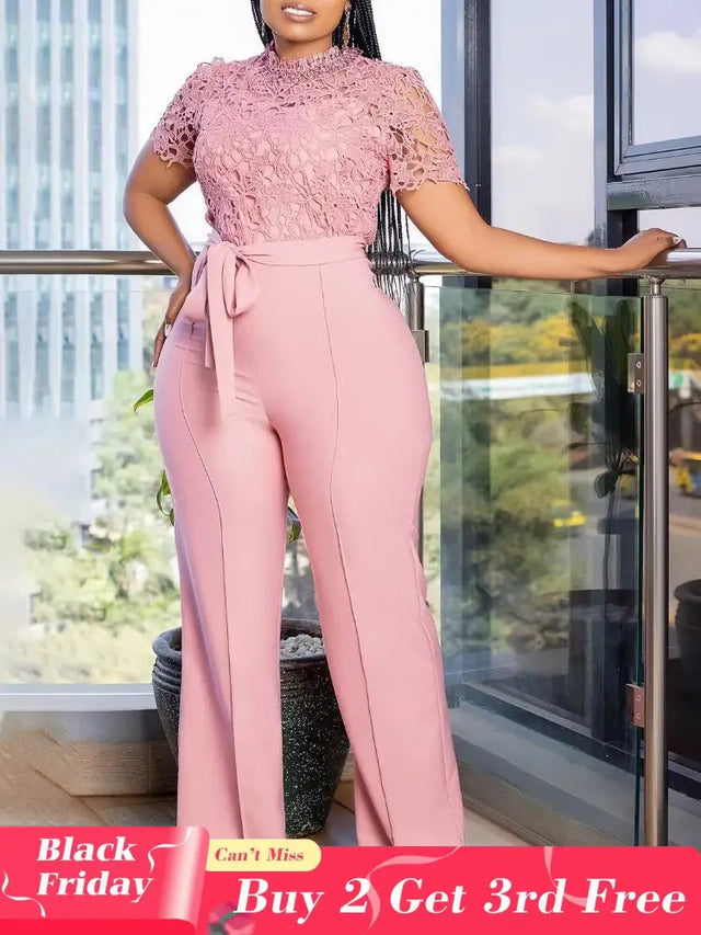 Pink Lace Jumpsuit Women Patchwork High Waist Wide Leg Waist Belt Modest