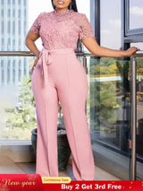 Pink Lace Jumpsuit Women Patchwork High Waist Wide Leg Waist Belt Modest