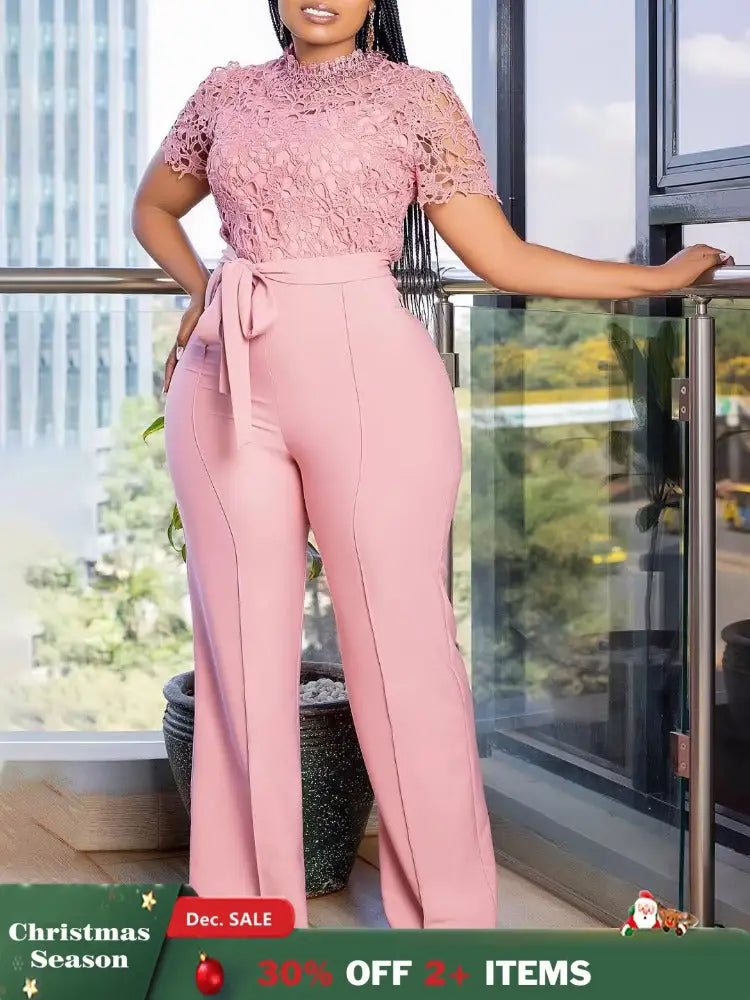 Pink Lace Jumpsuit Women Patchwork High Waist Wide Leg Waist Belt Modest