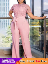 Pink Lace Jumpsuit Women Patchwork High Waist Wide Leg Waist Belt Modest