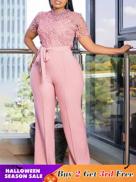 Pink Lace Jumpsuit Women Patchwork High Waist Wide Leg Waist Belt Modest