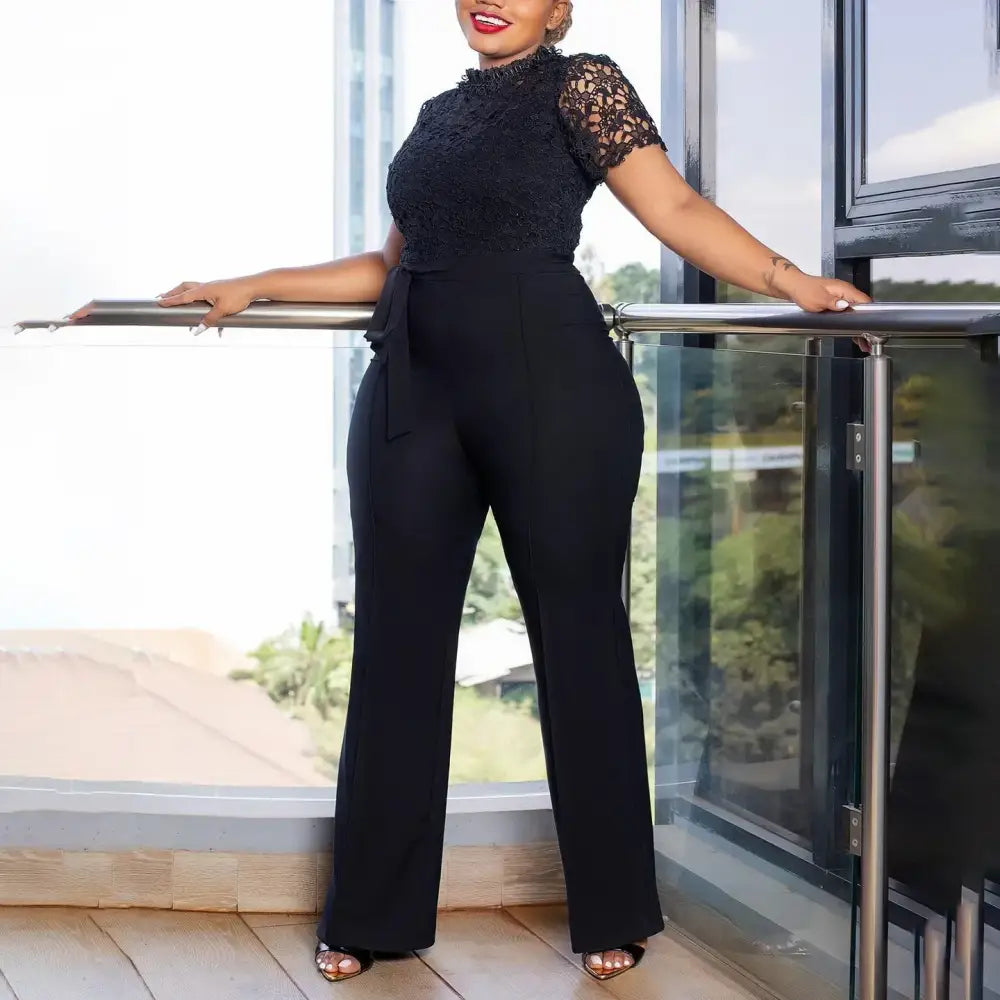 Pink Lace Jumpsuit Women Patchwork High Waist Wide Leg Waist Belt Modest Black / S