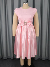 Pink Satin Midi Dress Short Sleeves Patchwork Rose Jacquard O Neck Bow A Line