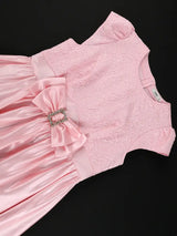 Pink Satin Midi Dress Short Sleeves Patchwork Rose Jacquard O Neck Bow A Line