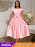 Pink Satin Midi Dress Short Sleeves Patchwork Rose Jacquard O Neck Bow A Line Pink / S