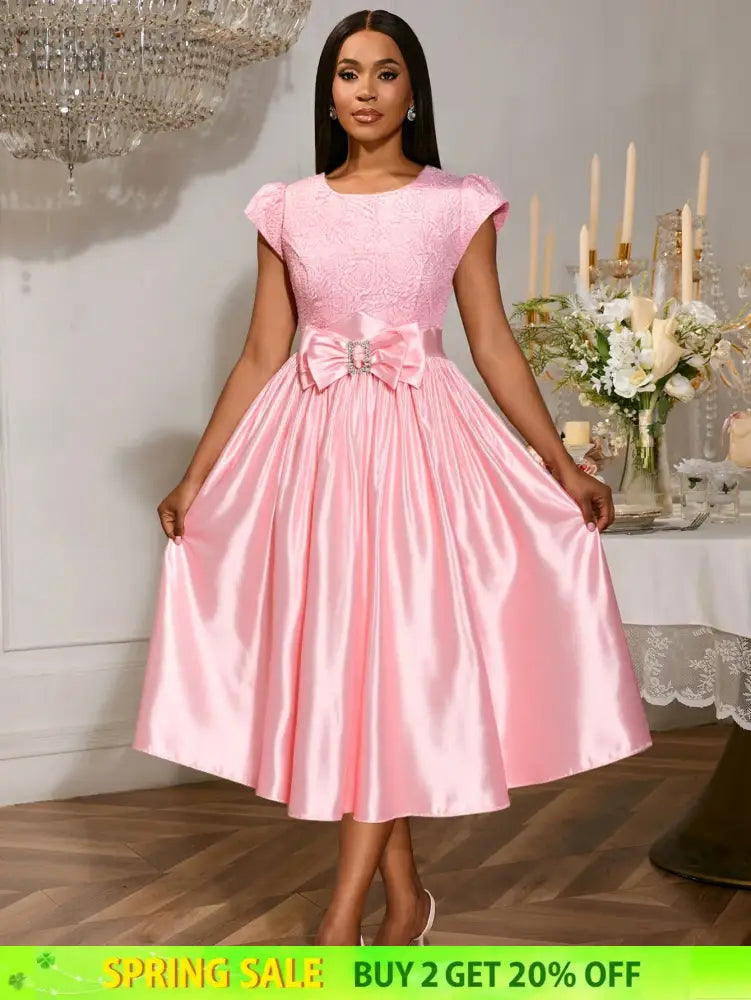 Pink Satin Midi Dress Short Sleeves Patchwork Rose Jacquard O Neck Bow A Line Pink / S