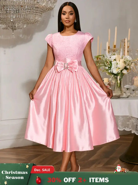 Pink Satin Midi Dress Short Sleeves Patchwork Rose Jacquard O Neck Bow A Line Pink / S