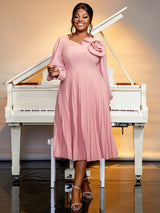 pink elegant pleated dresses for women long sleeve pleated dress