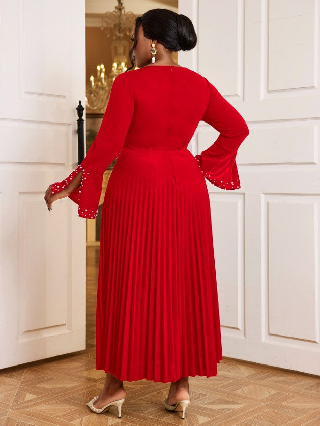 AOMEIDRESS Beading Pleated A Line Dress V Neck Long Flare Sleeve Maxi