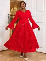 AOMEIDRESS Beading Pleated A Line Dress V Neck Long Flare Sleeve Maxi Red / S