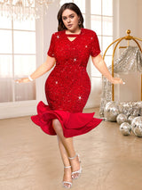 red sequins v neck dresses for women