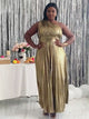 Gold Party Dress Long For Holiday One Shoulder Maxi Shiny Pleated