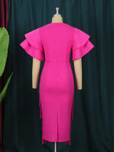 Ruffle Sleeve V Neck Midi Fringe Dress Women’s