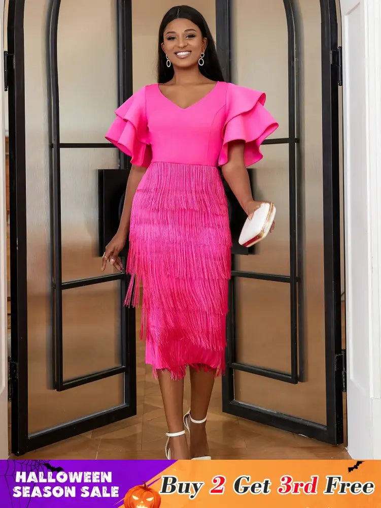 Ruffle Sleeve V Neck Midi Fringe Dress Women’s