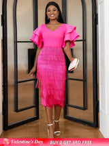 Ruffle Sleeve V Neck Midi Fringe Dress Women’s