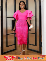Ruffle Sleeve V Neck Midi Fringe Dress Women’s