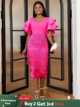 Ruffle Sleeve V Neck Midi Fringe Dress Women’s