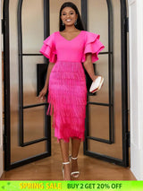 Ruffle Sleeve V Neck Midi Fringe Dress Women’s