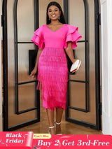 Ruffle Sleeve V Neck Midi Fringe Dress Women’s