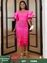 Ruffle Sleeve V Neck Midi Fringe Dress Women’s